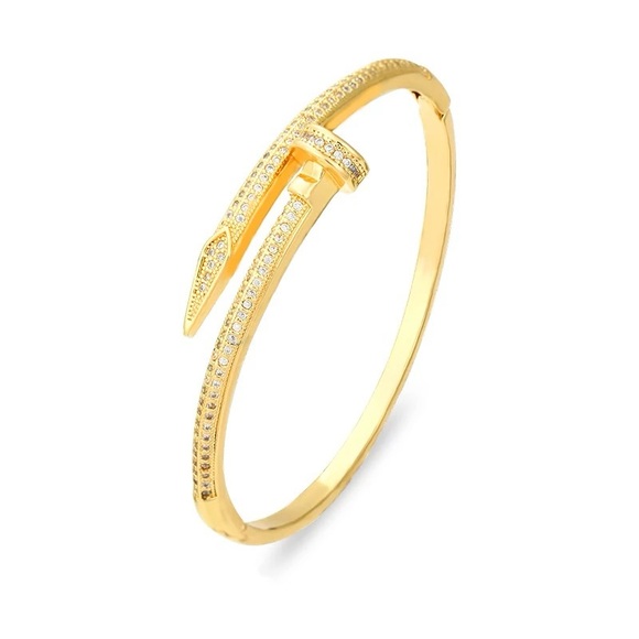 18k Gold Plated Stainless Steel Nail AAA CZ Bangle Bracelet - Picture 2 of 6